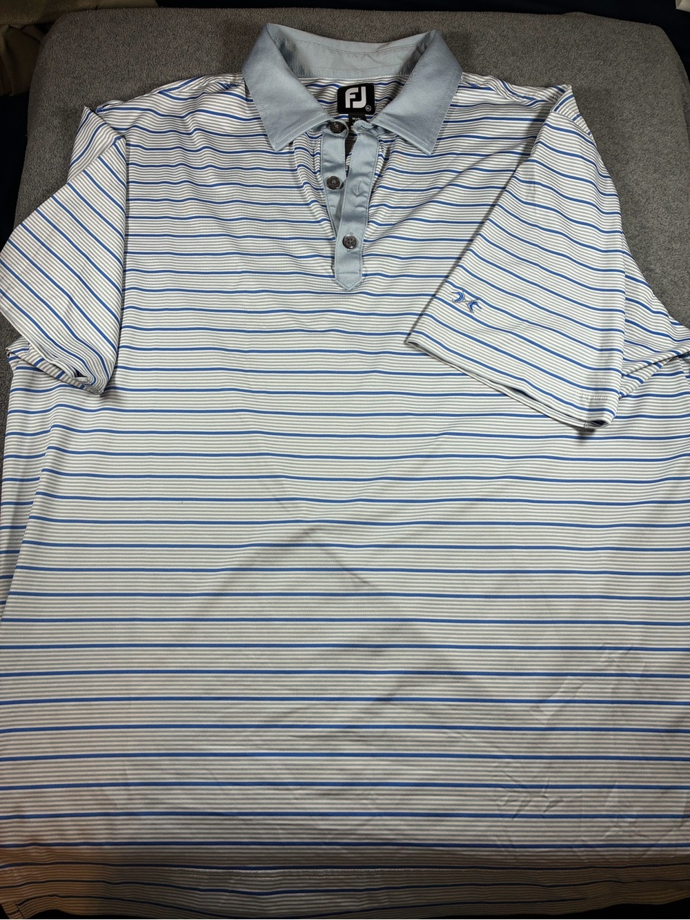 FootJoy Men's White and Light Blue Striped Polo